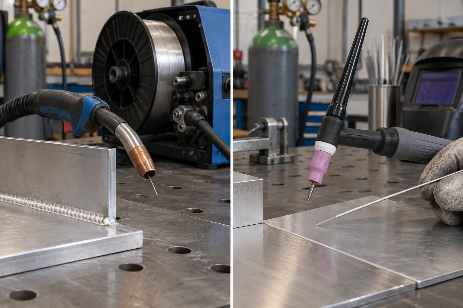 Une torche MIG avec son dévidoir et une torche TIG avec une baguette d’apport sont présentées près de pièces en aluminium.