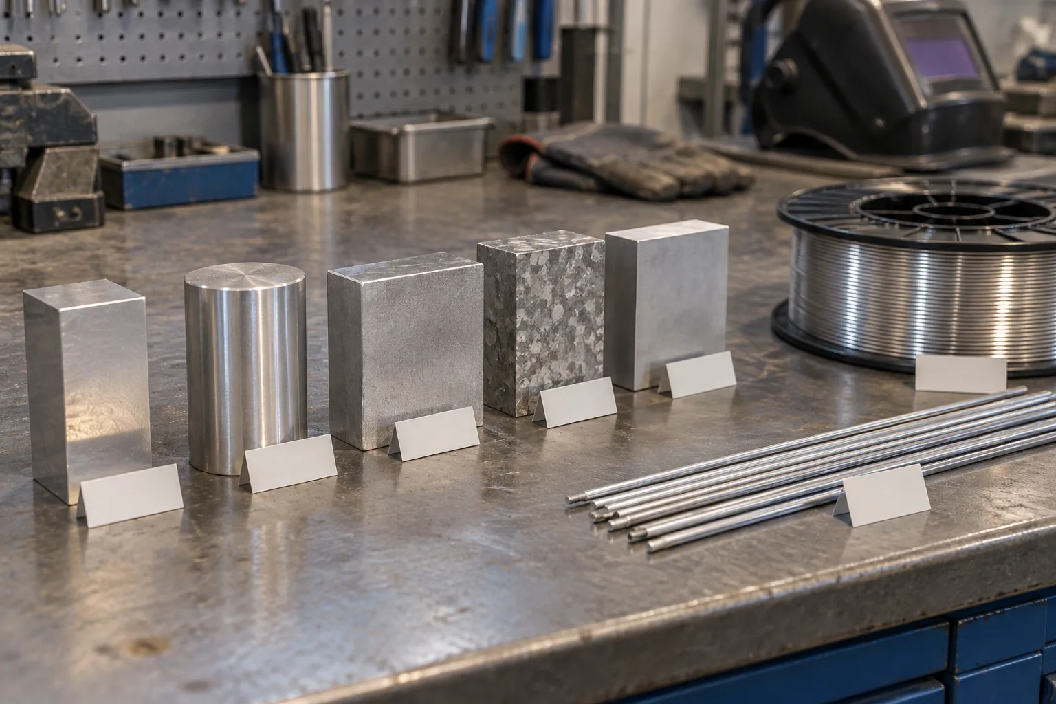 Des éprouvettes d’aluminium, une bobine de fil et des baguettes d’apport sont séparées sur un établi.