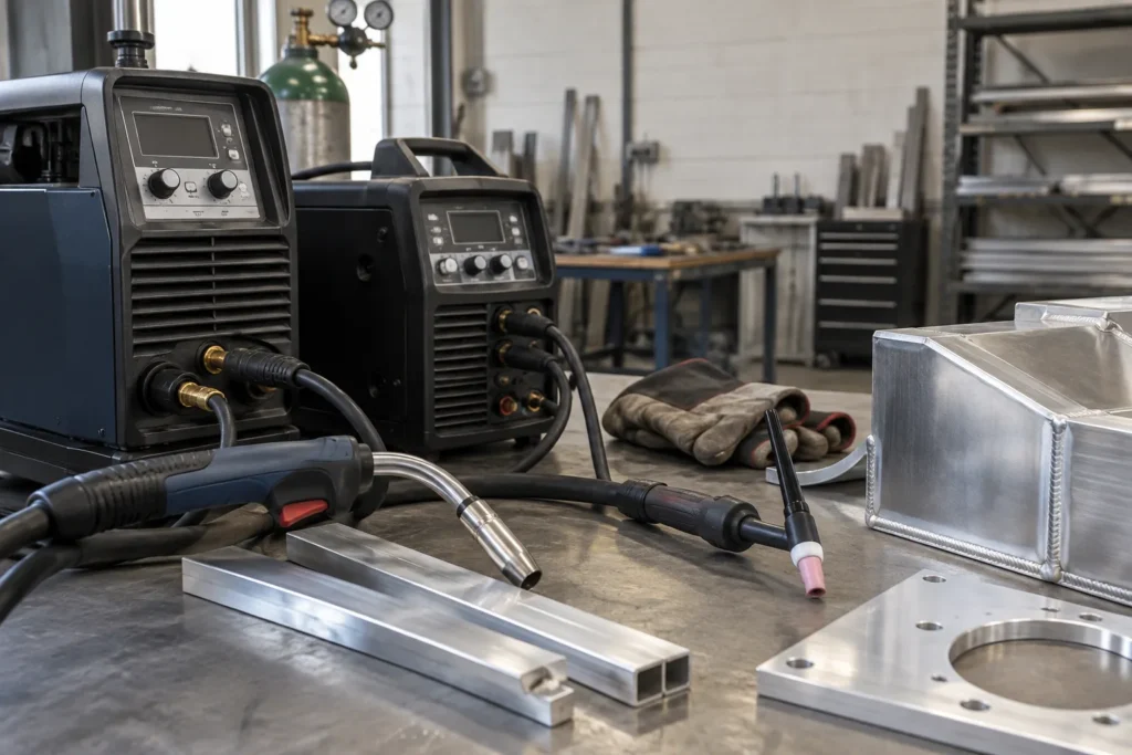 Un poste de soudage, une torche MIG et une torche TIG sont disposés près de profilés en aluminium dans un atelier.