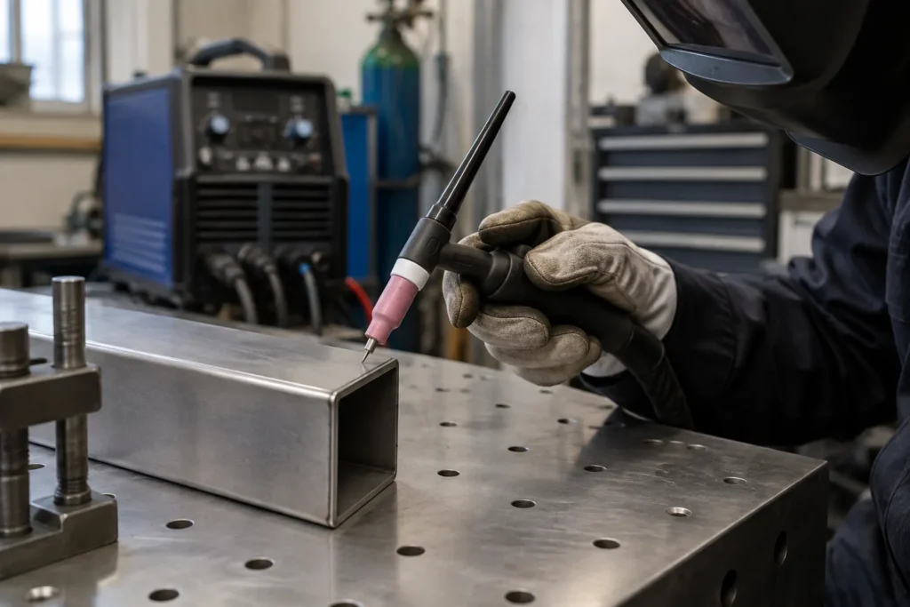 Une torche TIG avec son électrode tungstène positionnée près d’une pièce métallique, devant un poste à souder.