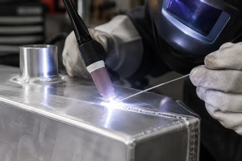Torche TIG en action sur une pièce en aluminium, avec l’arc et le bain de fusion visibles.