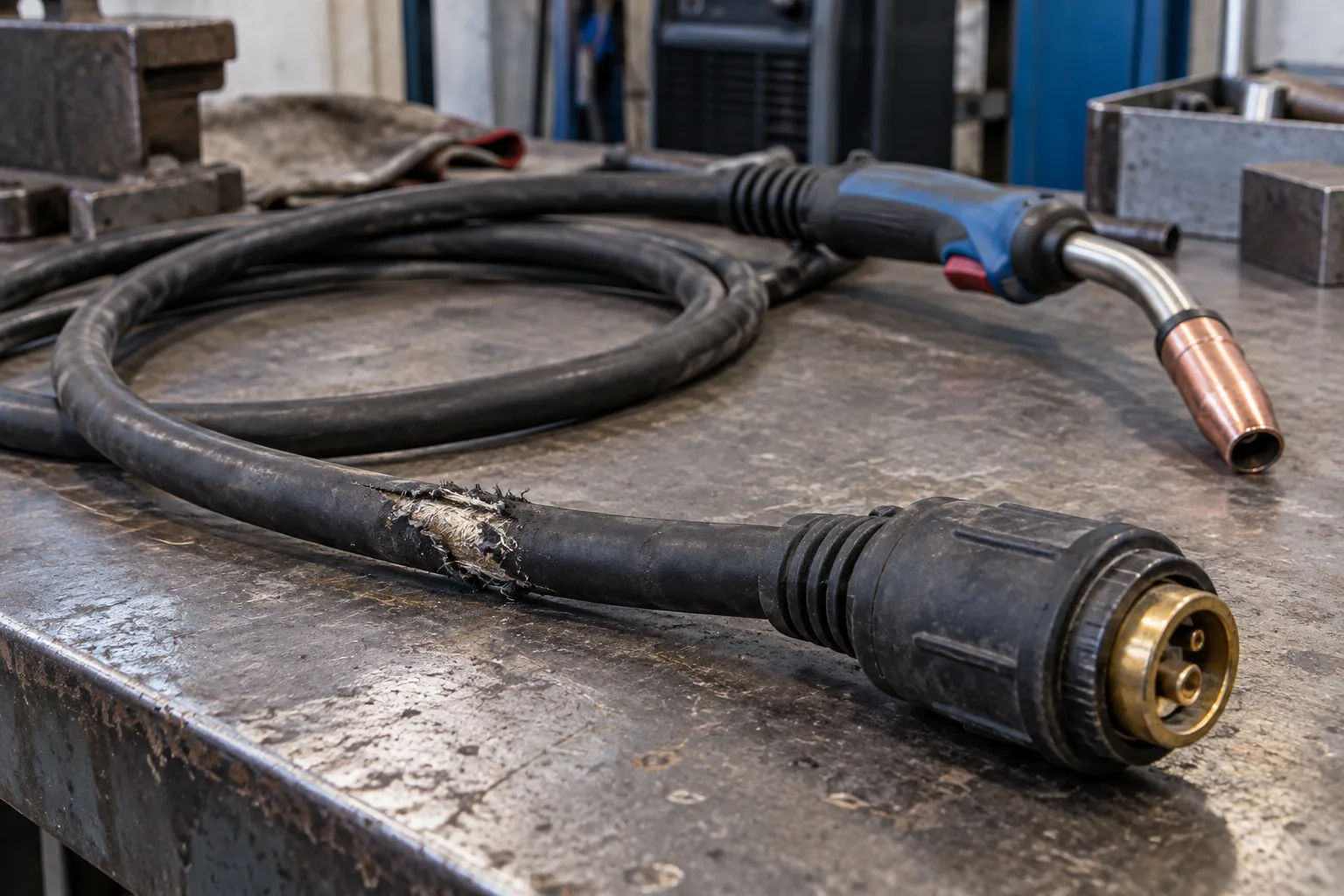 Gaine d’un câble de soudage présentant une usure près d’un connecteur dans un atelier.