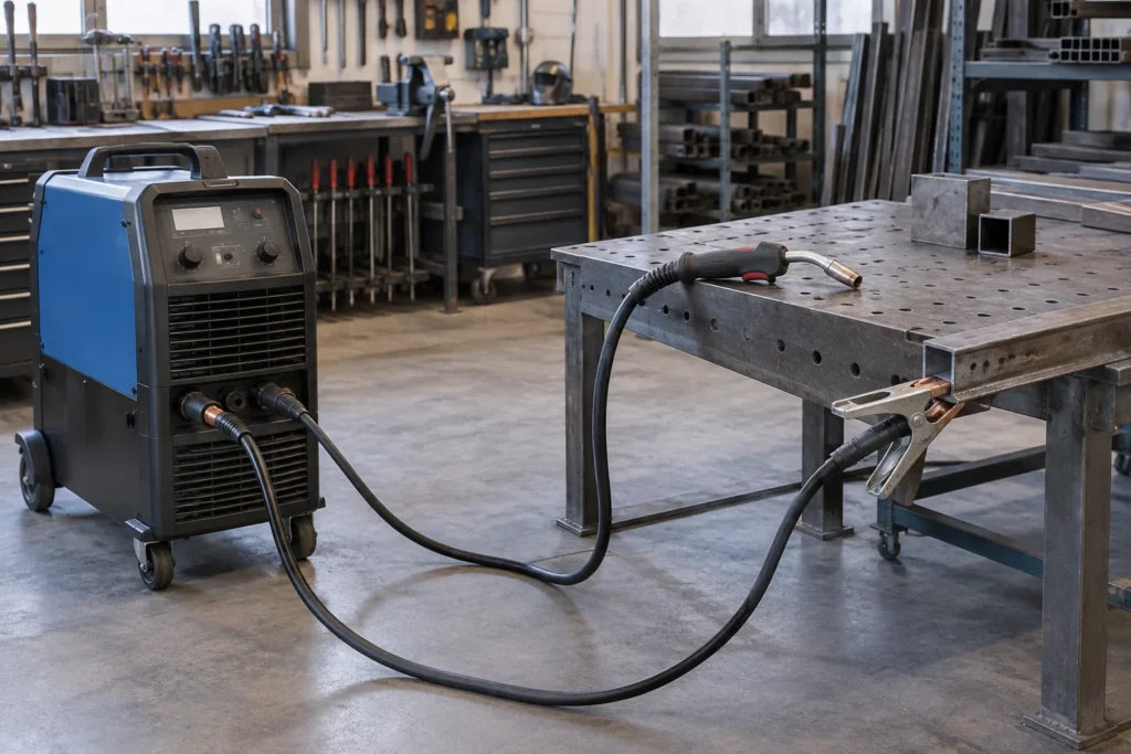 Câbles reliant un poste à souder, une torche et une pince de retour fixée à une pièce métallique.