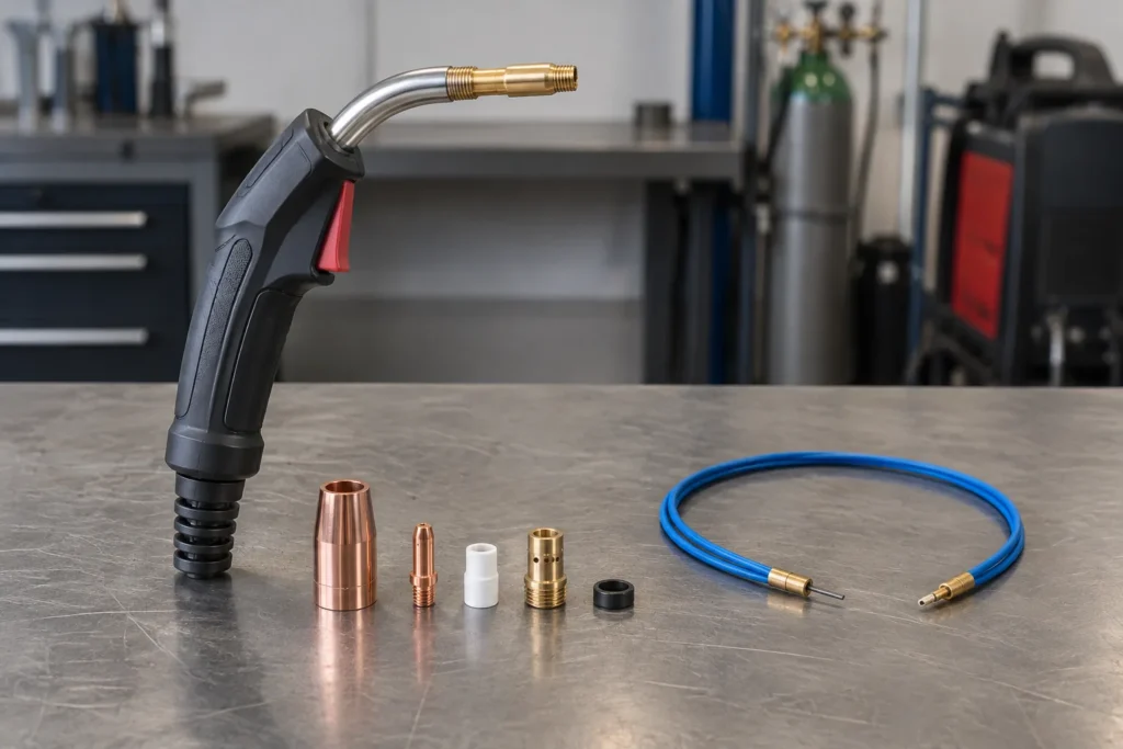 Un conduit guide-fil neuf est posé à côté d’un faisceau de torche semi-automatique et de ses éléments de sortie démontés.