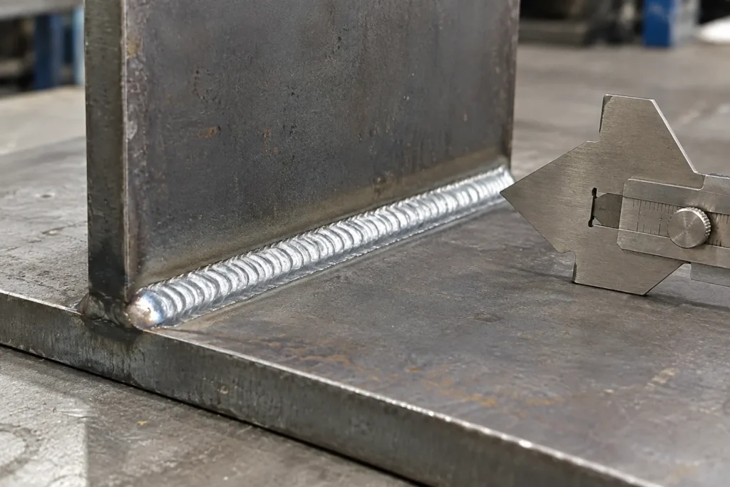 Cordon de soudure d’angle reliant deux plaques d’acier, avec une jauge posée près du joint.