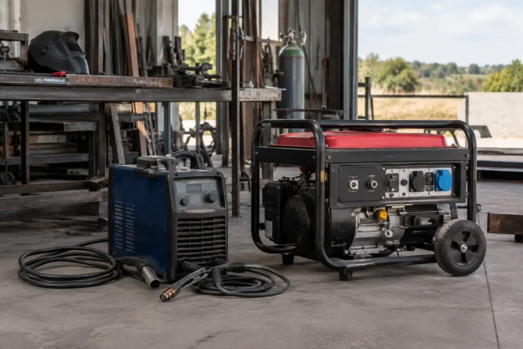 Un poste à souder inverter et un groupe électrogène installés côte à côte dans un atelier.