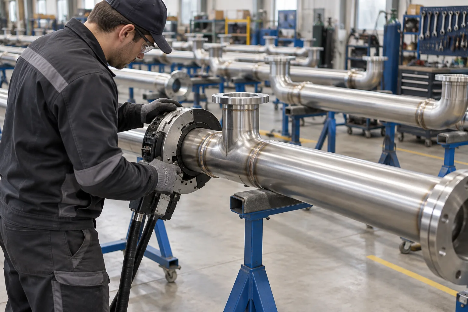 Des tubes inox alignés sur des supports dans un atelier où une tête orbitale est installée sur un raccord.