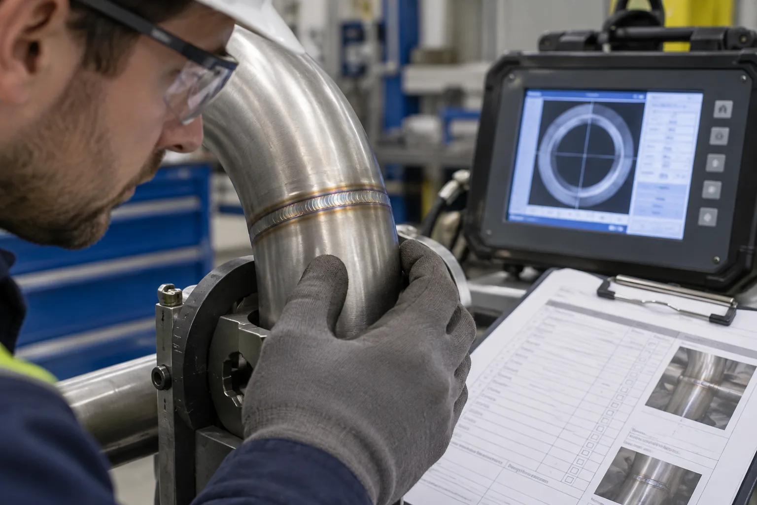 Un opérateur examine un cordon circulaire sur un tube à côté de la commande du système orbital.