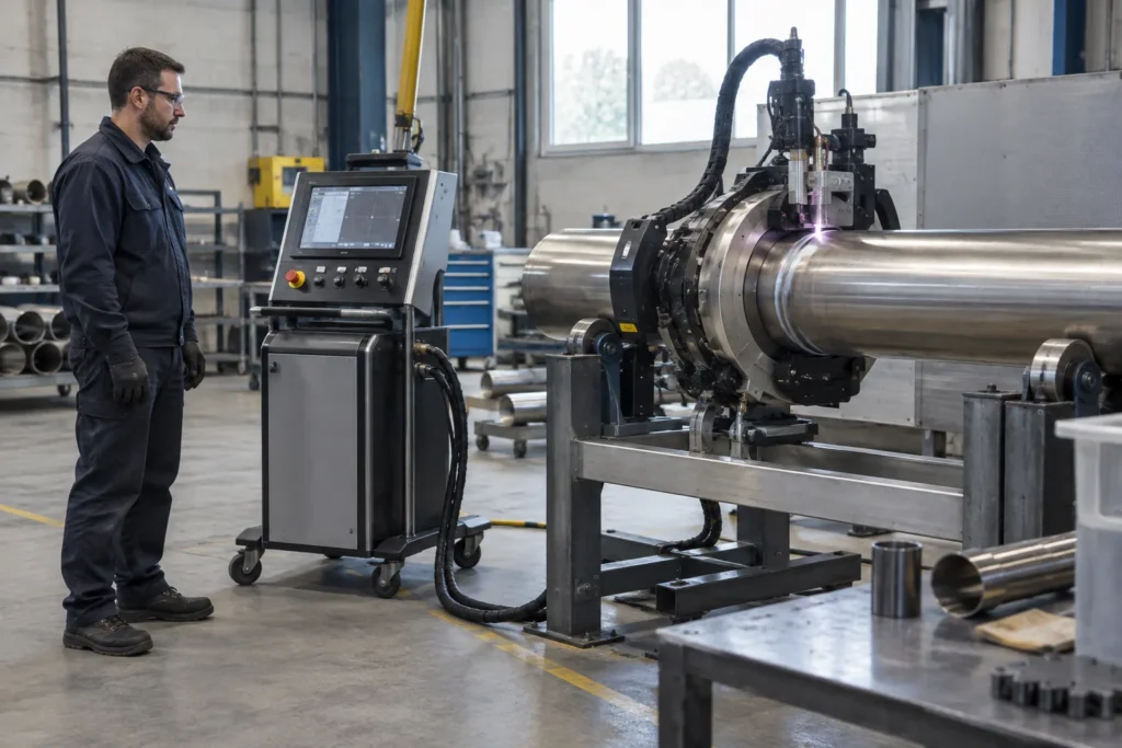 Une tête de soudage orbital est fixée autour d’un tube dans un atelier industriel.