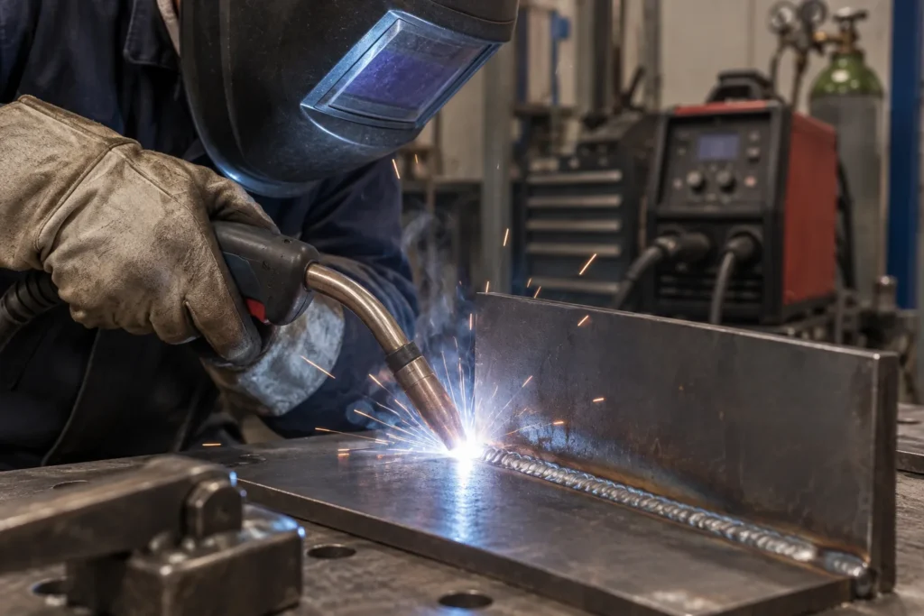 Torche MIG/MAG en cours de soudage sur une pièce métallique dans un atelier.