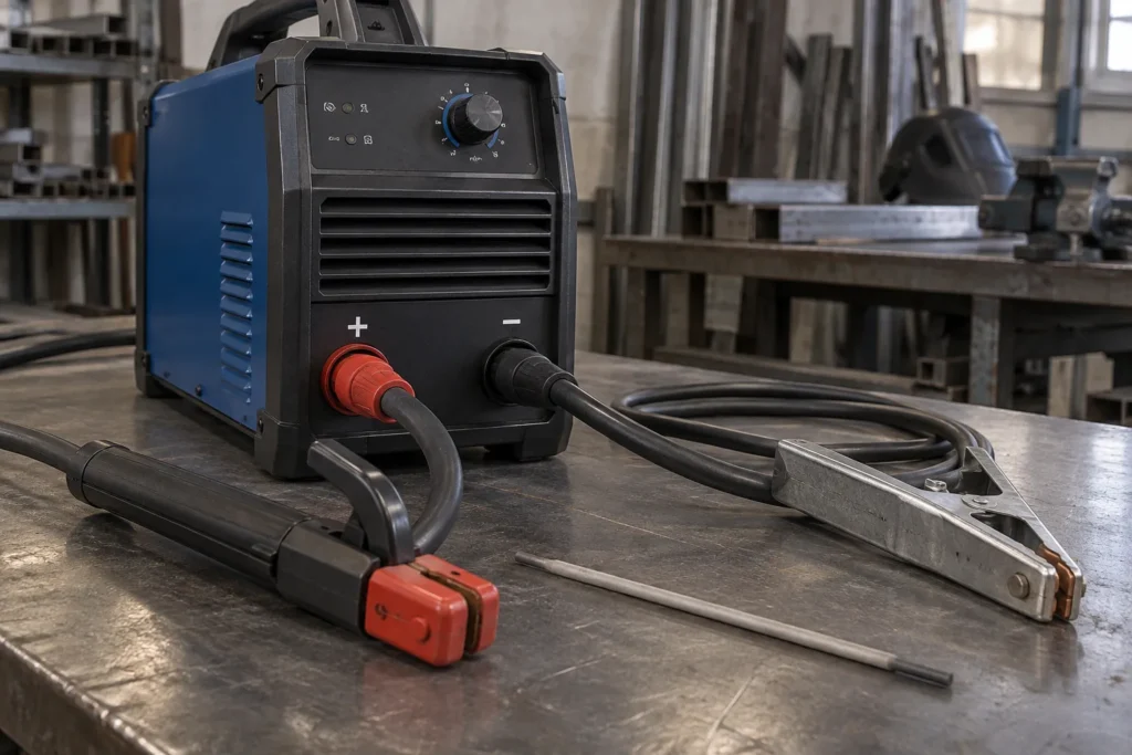 Poste à souder MMA avec les câbles raccordés aux bornes positive et négative, accompagné d’une électrode.