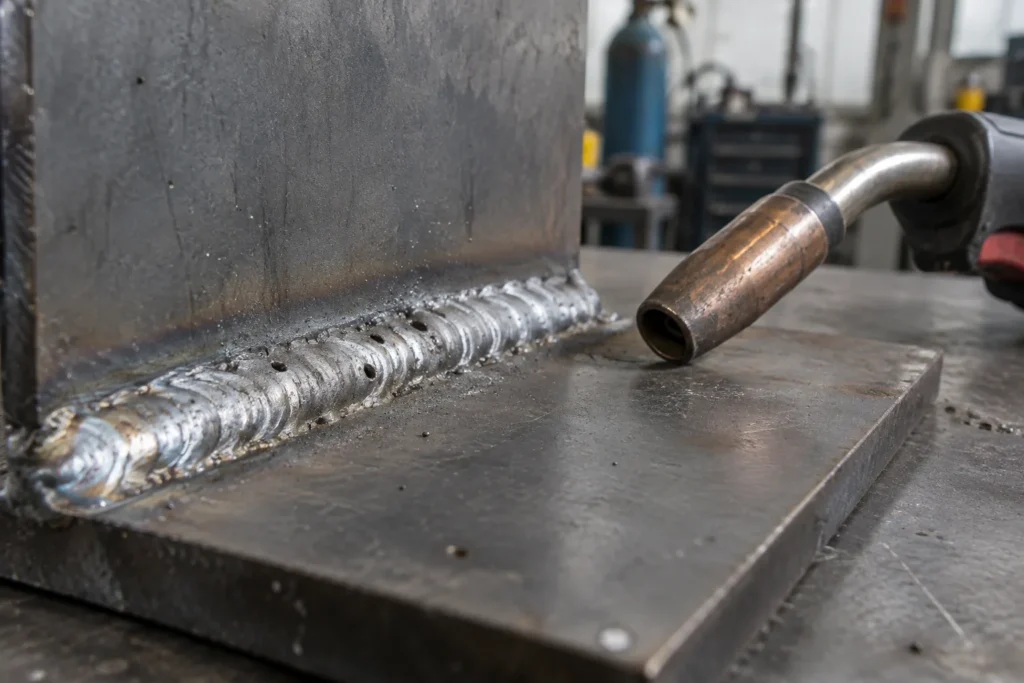 Cordon MIG/MAG sur une plaque d’acier présentant de petits pores à sa surface, avec une torche de soudage à proximité.