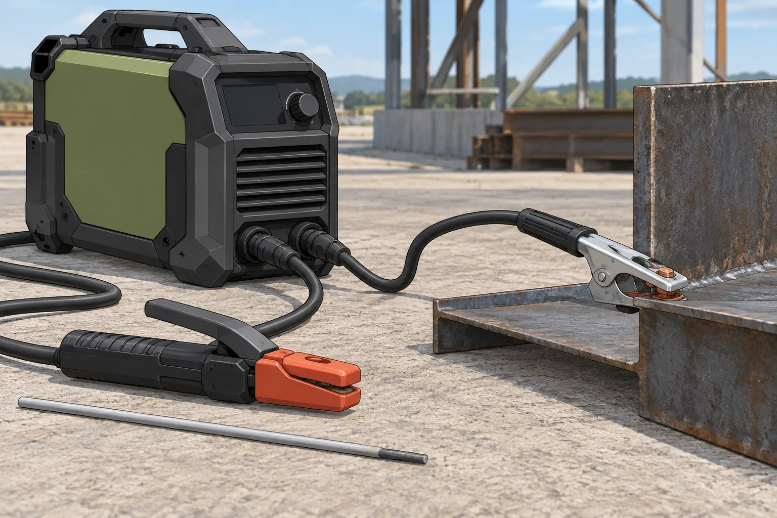 Poste à batterie accompagné d’un porte-électrode, d’une pince de masse et d’une électrode près d’une pièce d’acier.