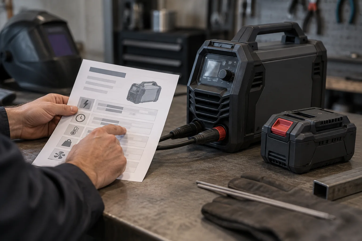 Fiche technique générique consultée à côté d’un poste à souder sur batterie et de son accumulateur.