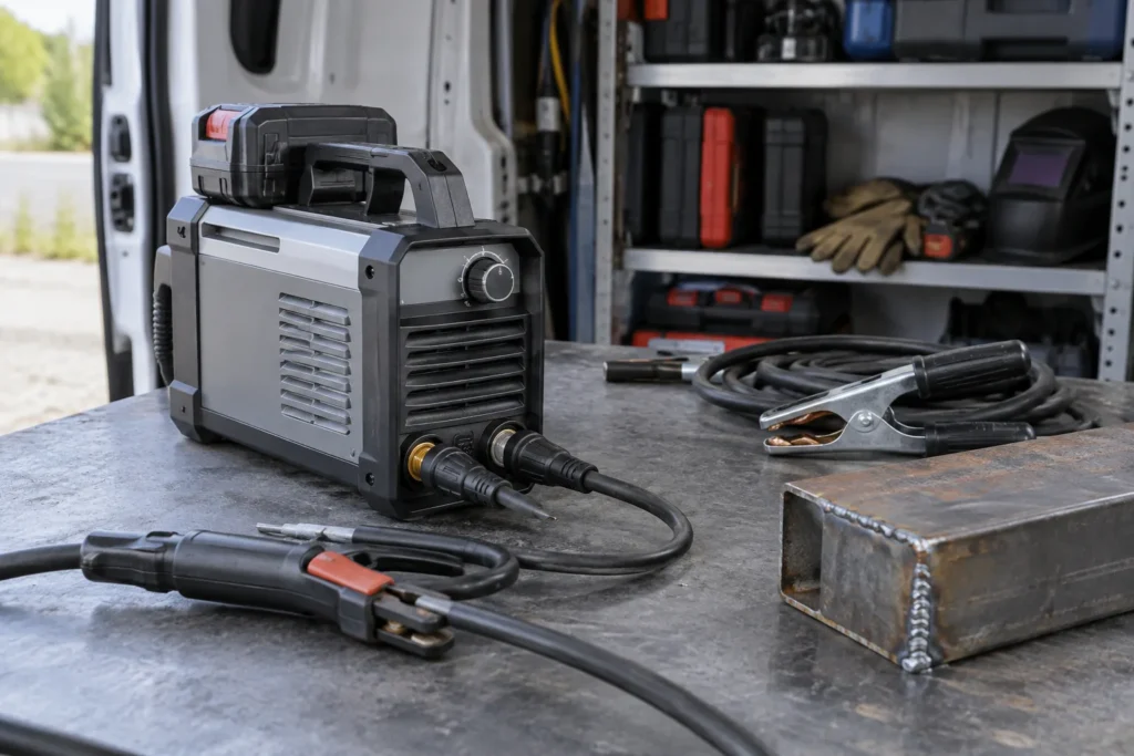 Poste à souder compact avec batterie amovible, câbles et pièce métallique dans un atelier mobile.
