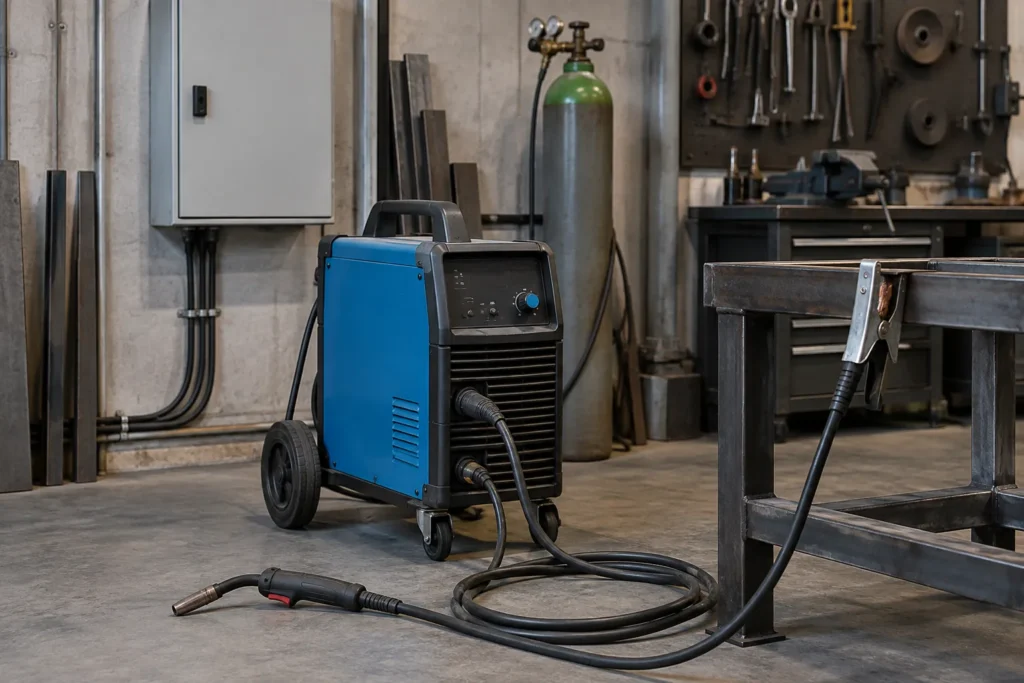 Poste à souder installé dans un atelier près d’un tableau électrique fermé.
