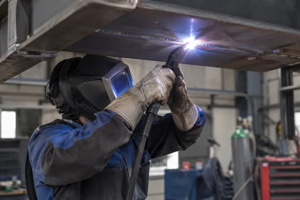 Un soudeur réalise un cordon sur la face inférieure d’une pièce métallique, en position plafond.