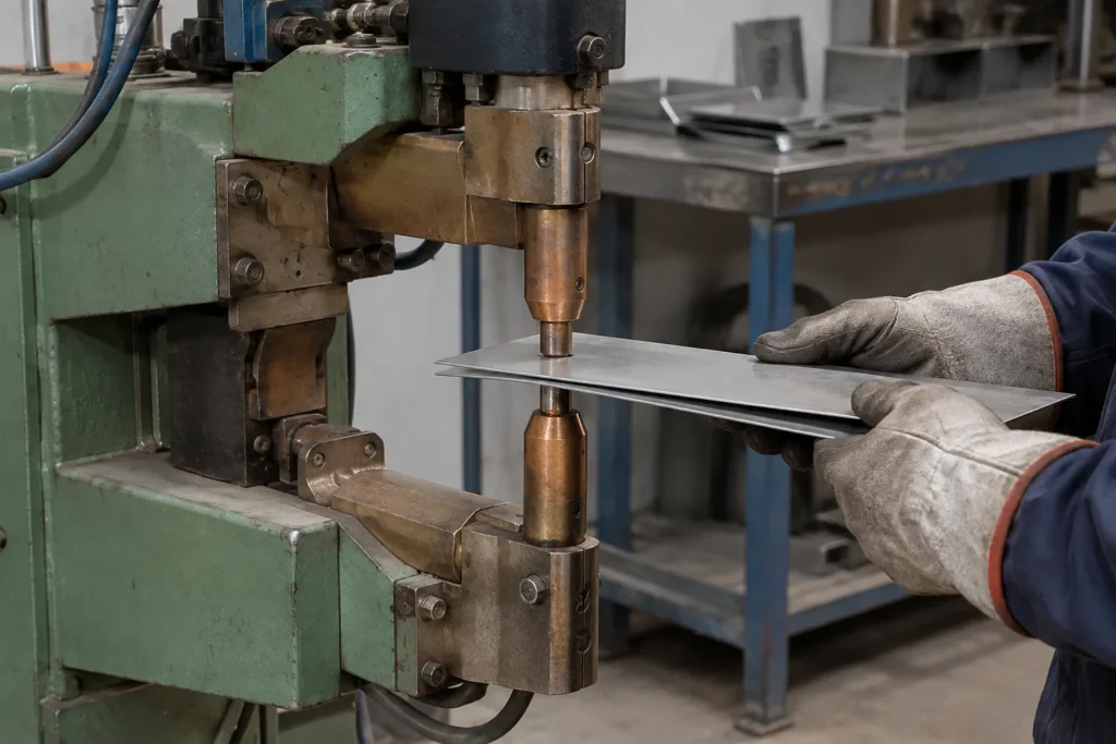 Les électrodes d’une soudeuse par points serrent deux tôles superposées dans un atelier.