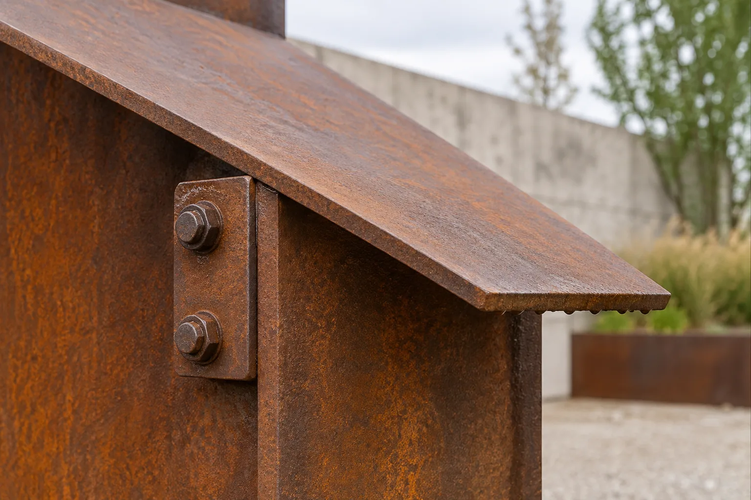 Détail d’une plaque en acier patinable inclinée au niveau d’un assemblage extérieur, avec une patine brun orangé et une surface qui laisse l’eau s’écouler.
