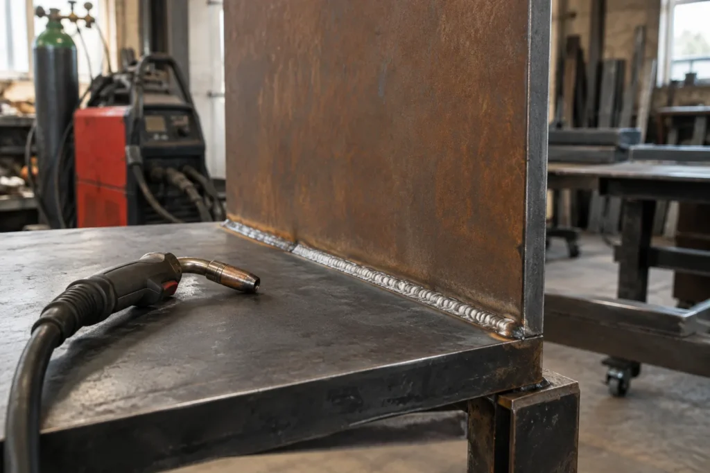 Assemblage de plaques d’acier patinable avec un cordon de soudure visible entre une surface brute et une zone déjà patinée.