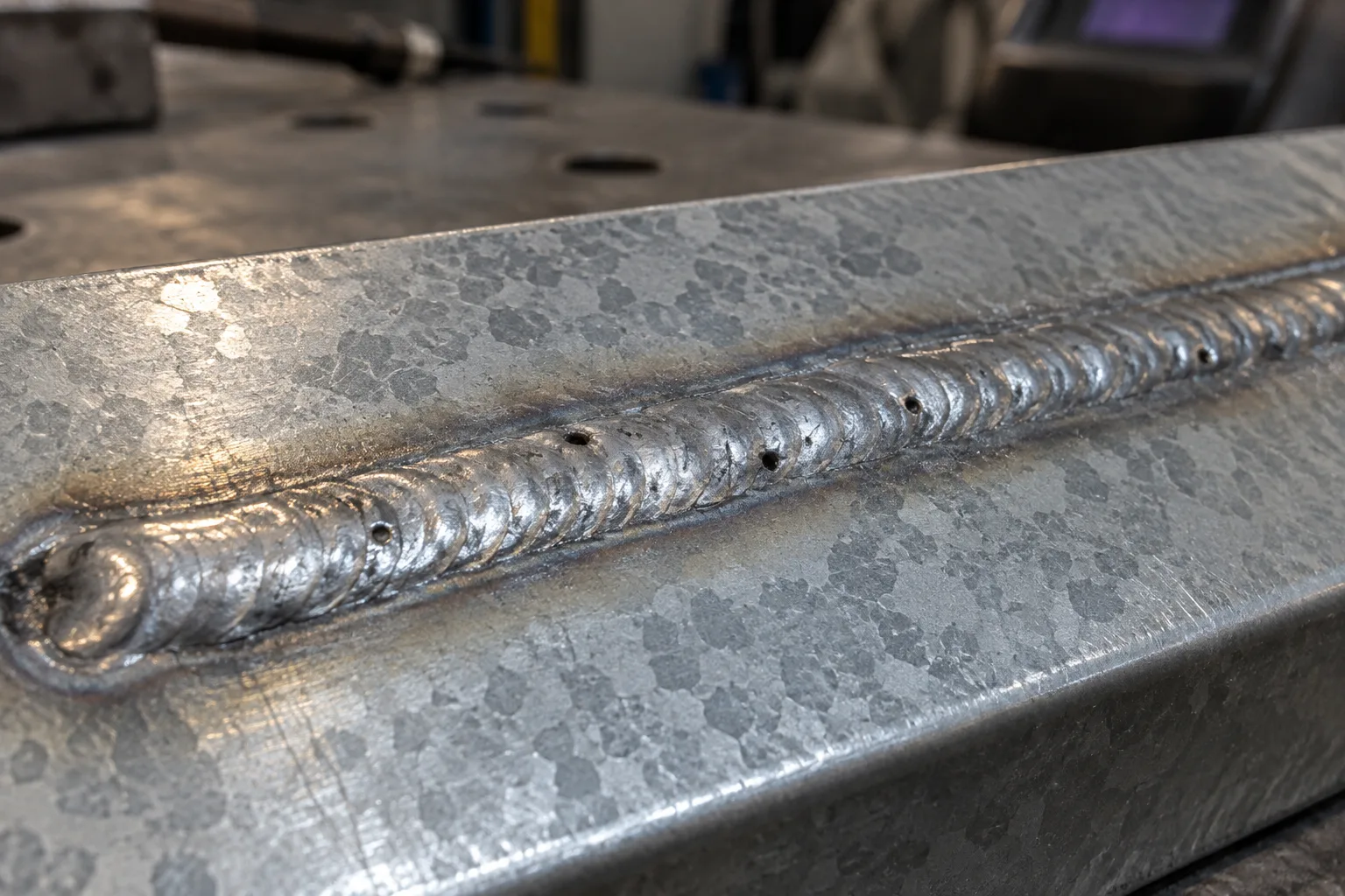Un cordon de soudure sur acier galvanisé présente de petites porosités visibles à sa surface.