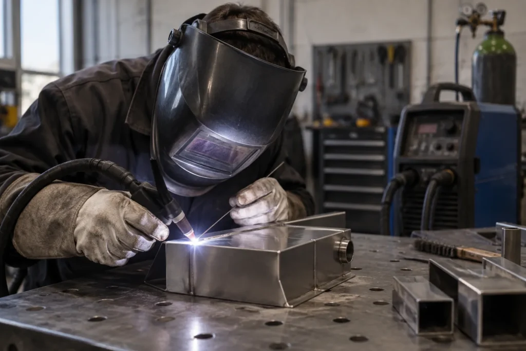 Un soudeur réalise un cordon sur une pièce en acier inoxydable dans un atelier de métallerie.