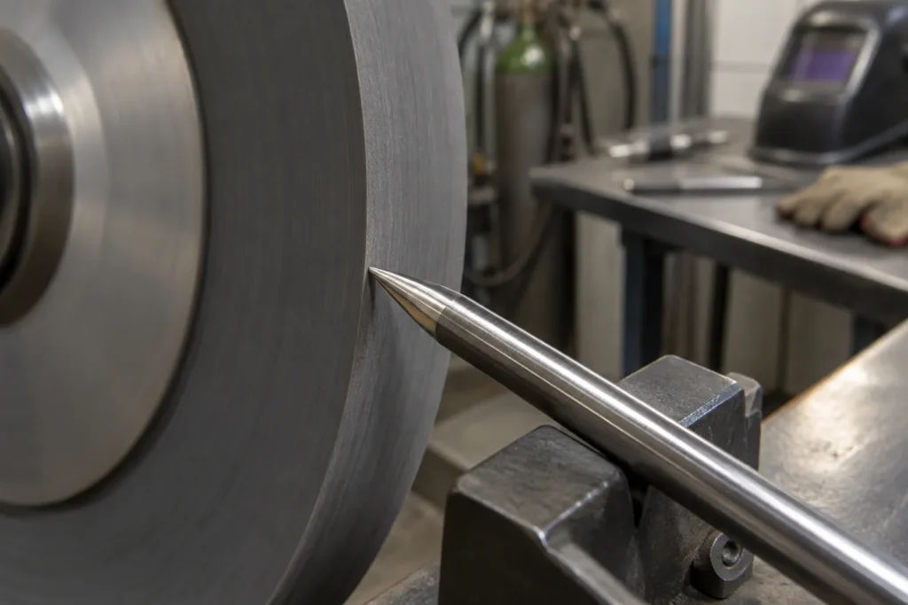 Pointe conique d’une électrode tungstène préparée par affûtage longitudinal sur une meule.