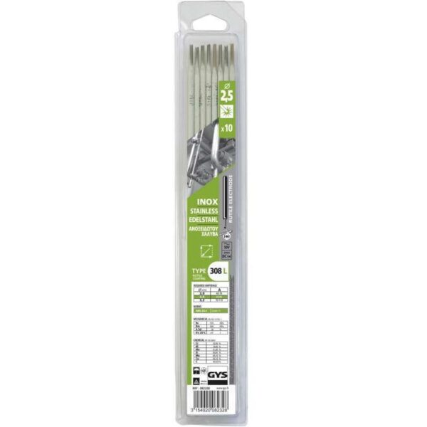 Électrodes inox GYS 308L en étui, destinées aux aciers austénitiques 304 et 304L