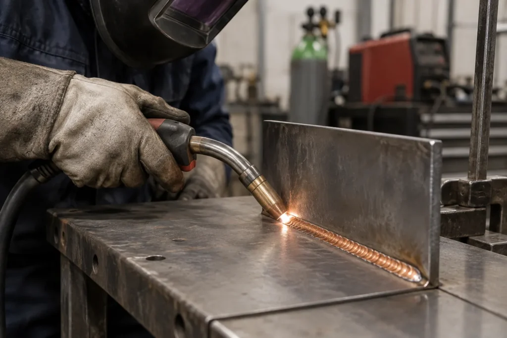 Torche MIG déposant un cordon de métal d’apport cuivreux le long d’un joint entre deux tôles d’acier.