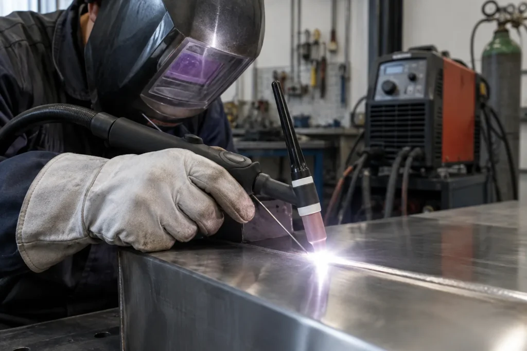 Torche TIG tenue près d’une pièce métallique pendant le soudage, avec la gâchette visible.
