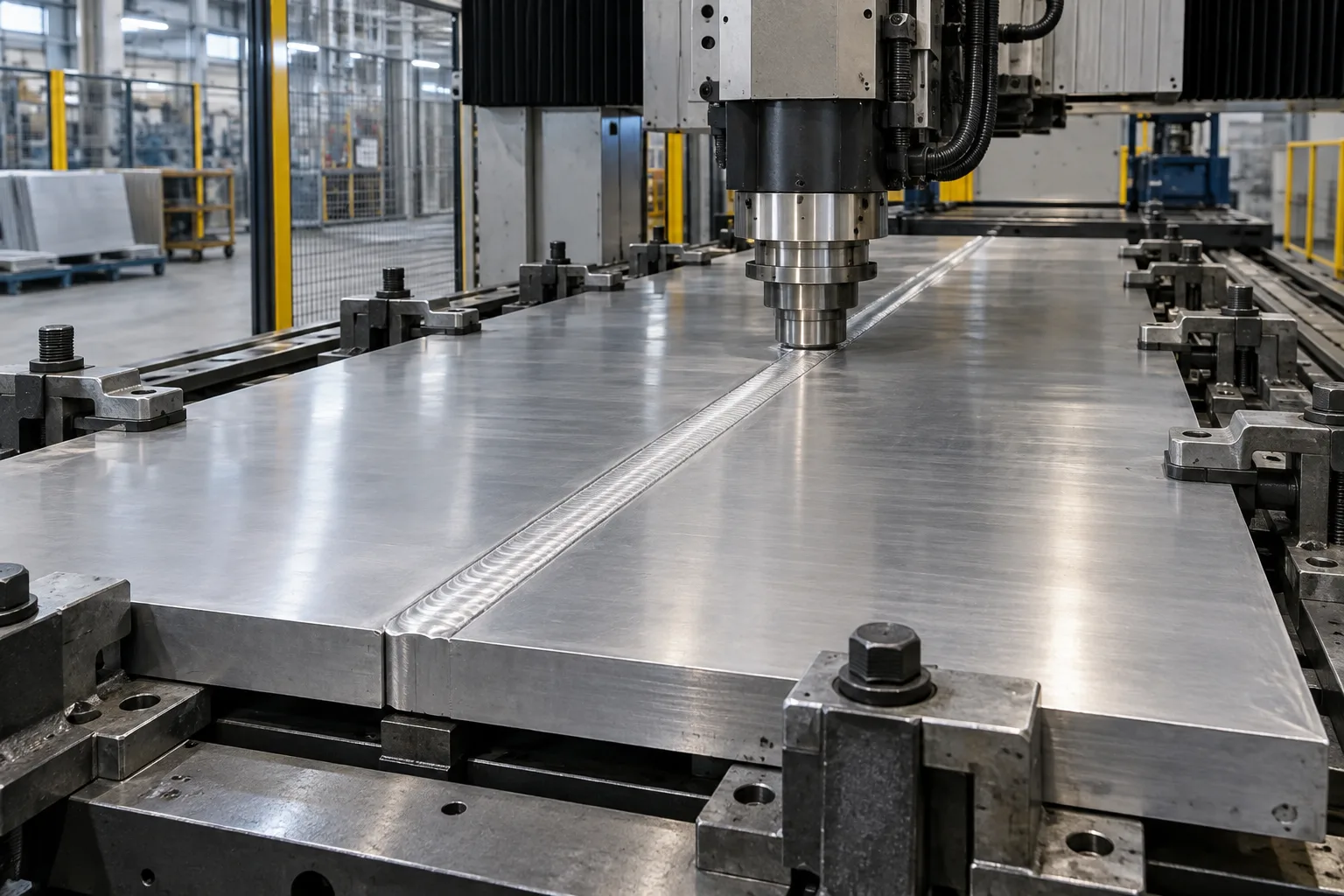 Panneau métallique industriel présentant un joint rectiligne continu réalisé par friction-malaxage.