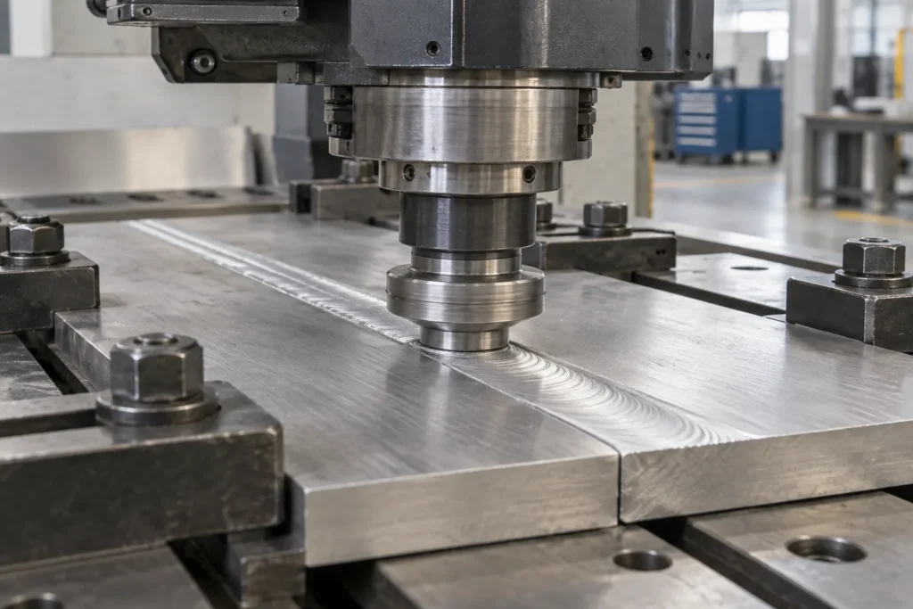 Une tête de machine entraîne un outil rotatif le long du joint de deux plaques métalliques bridées.