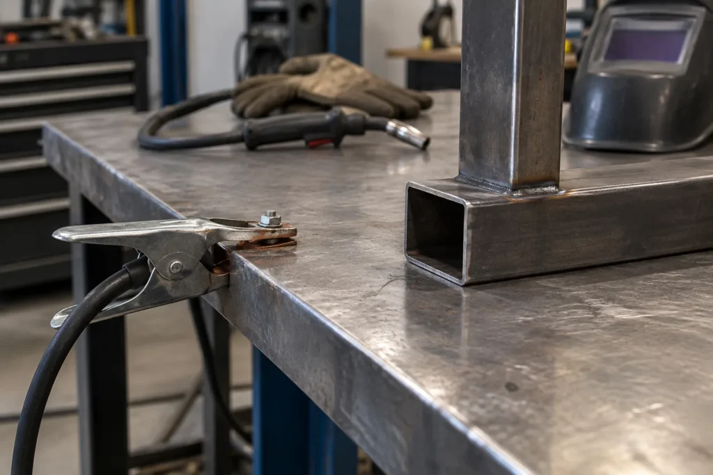 Pince de masse fixée sur une surface métallique propre près d’un assemblage en acier.