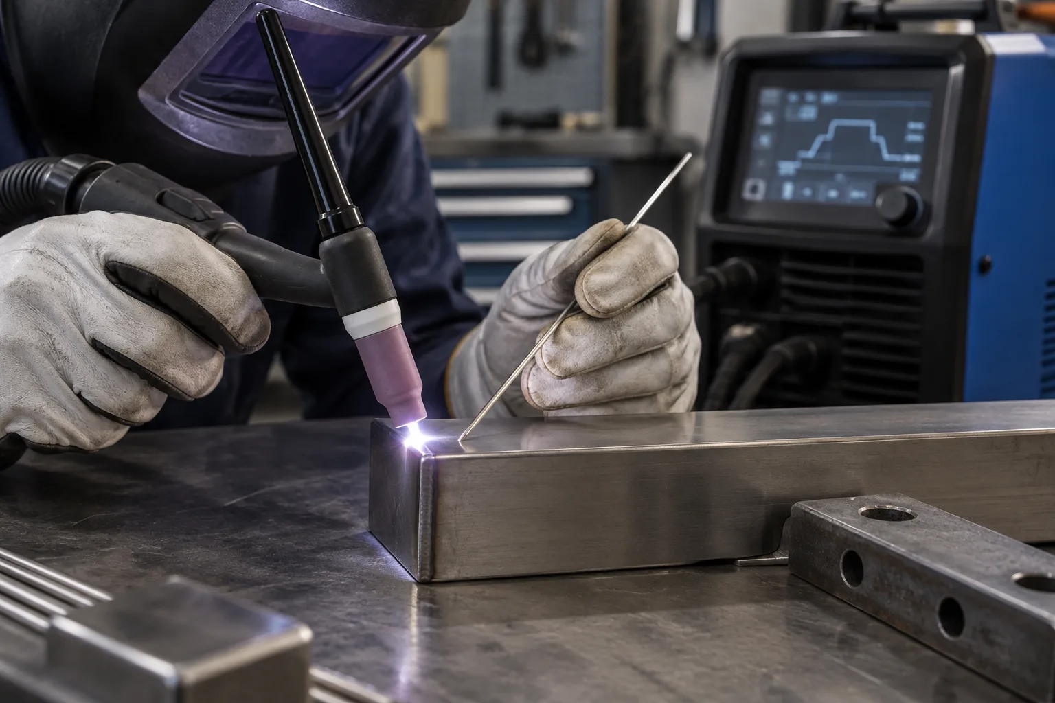 Torche TIG près d’une pièce métallique, avec un écran électronique visible en arrière-plan.