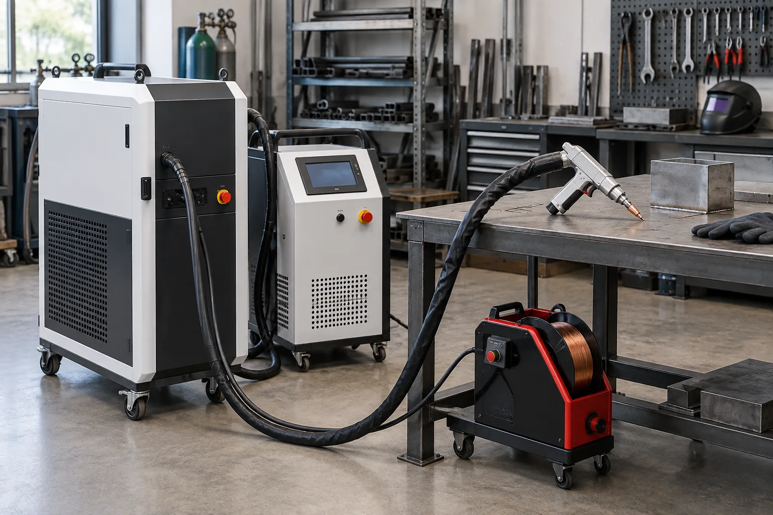 Une source laser, son unité de commande, une tête manuelle et un dévidoir sont installés près d’un établi.