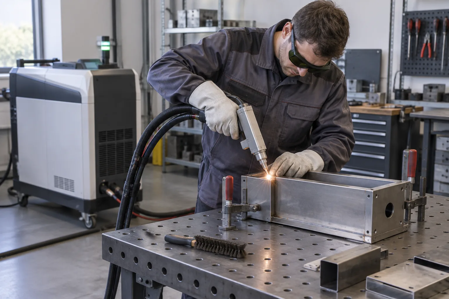 Un opérateur soude une pièce métallique avec une tête laser dans un atelier où la source et ses liaisons sont visibles.