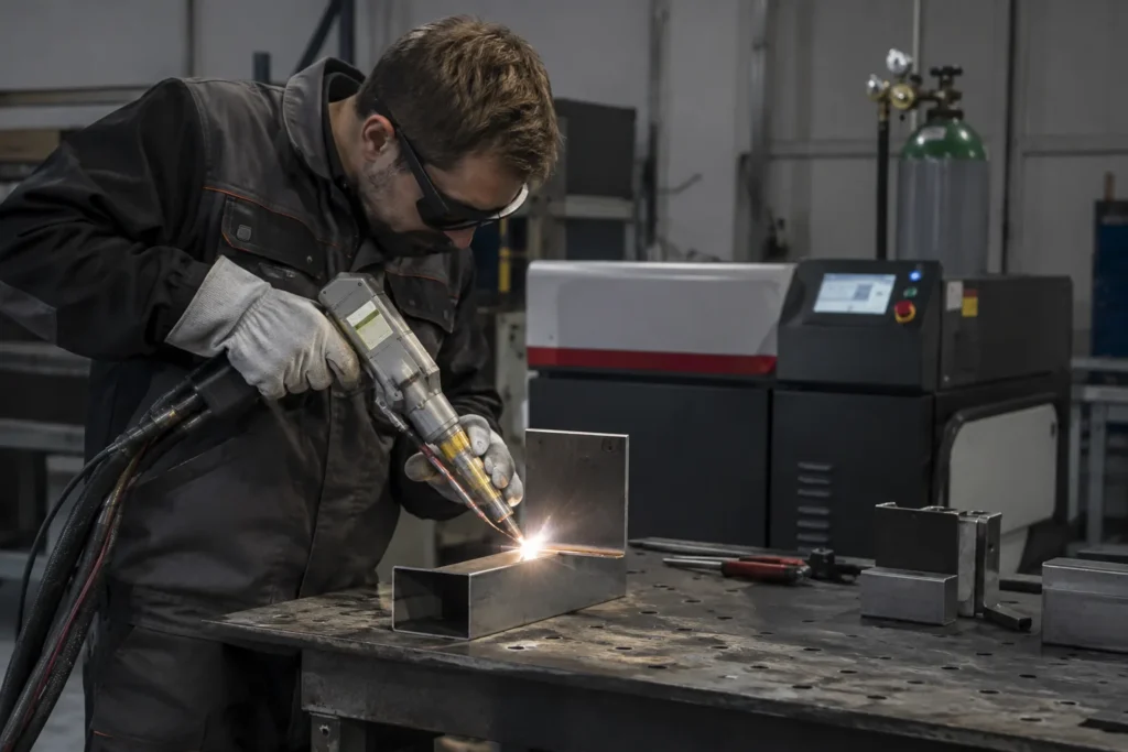 Un opérateur guide une tête de soudage laser manuelle le long d’un assemblage métallique dans un atelier.