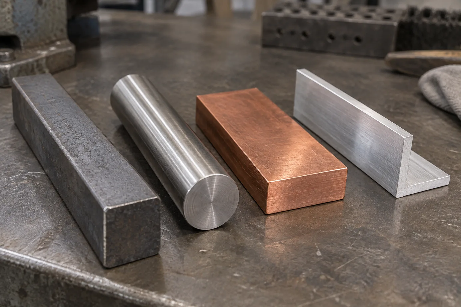 Des éprouvettes d’acier, d’inox, de cuivre et d’aluminium sont alignées sur un établi.