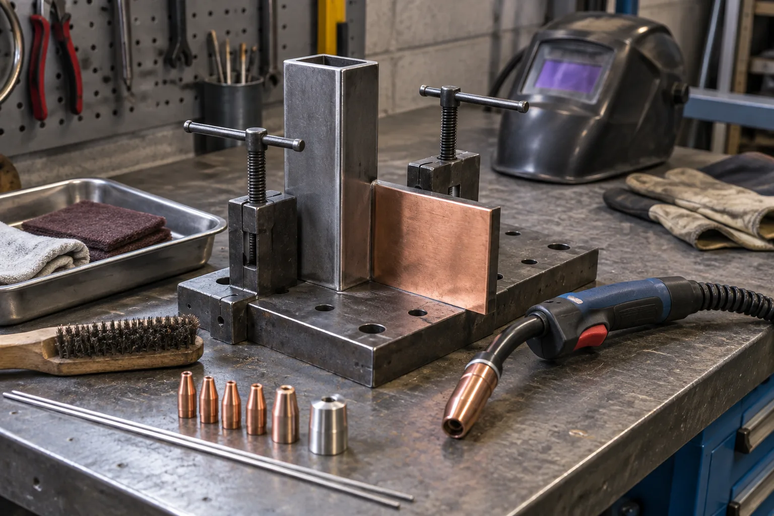 Deux pièces métalliques sont maintenues dans un montage près d’une brosse et d’une torche de soudage posée.