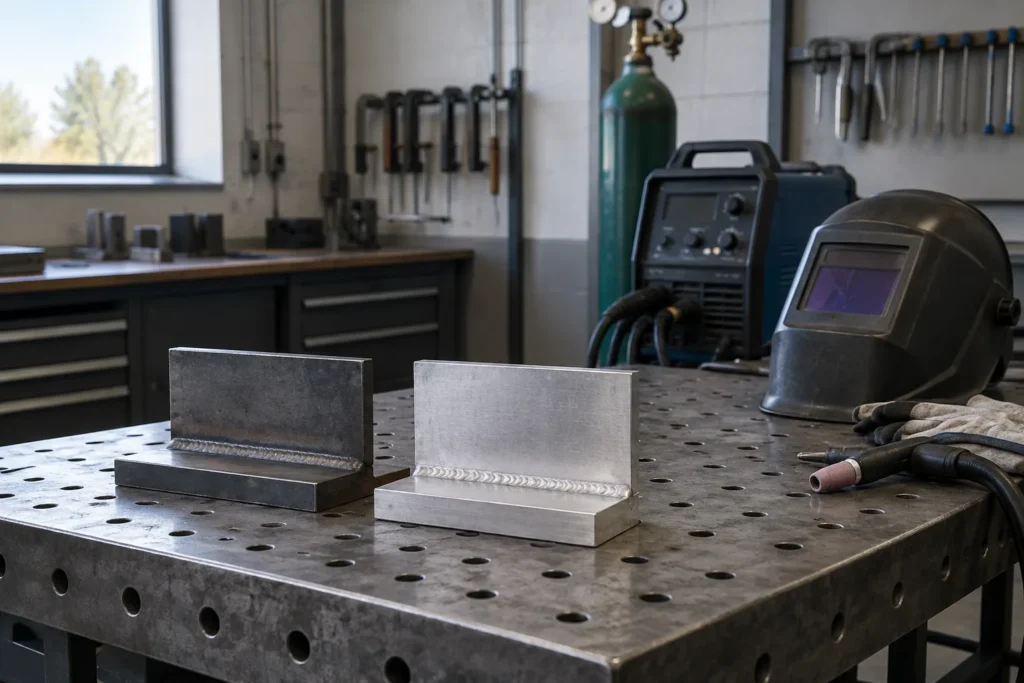 Deux éprouvettes en acier et en aluminium sont posées côte à côte sur un établi près d’un poste à souder.