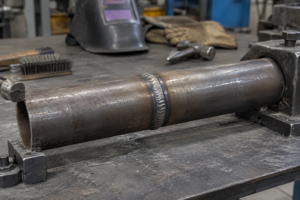 Deux tubes en acier alignés bout à bout sur un établi, avec un cordon de soudure autour de leur jonction.