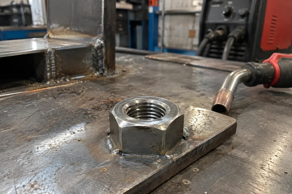 Écrou en acier positionné sur une tôle métallique dans un atelier de soudage.